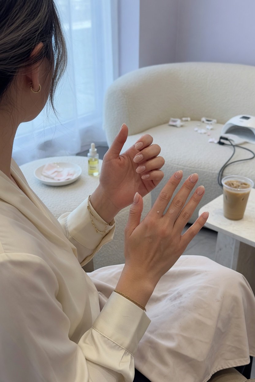 Guest showing her fresh nude manicure after an appointment
