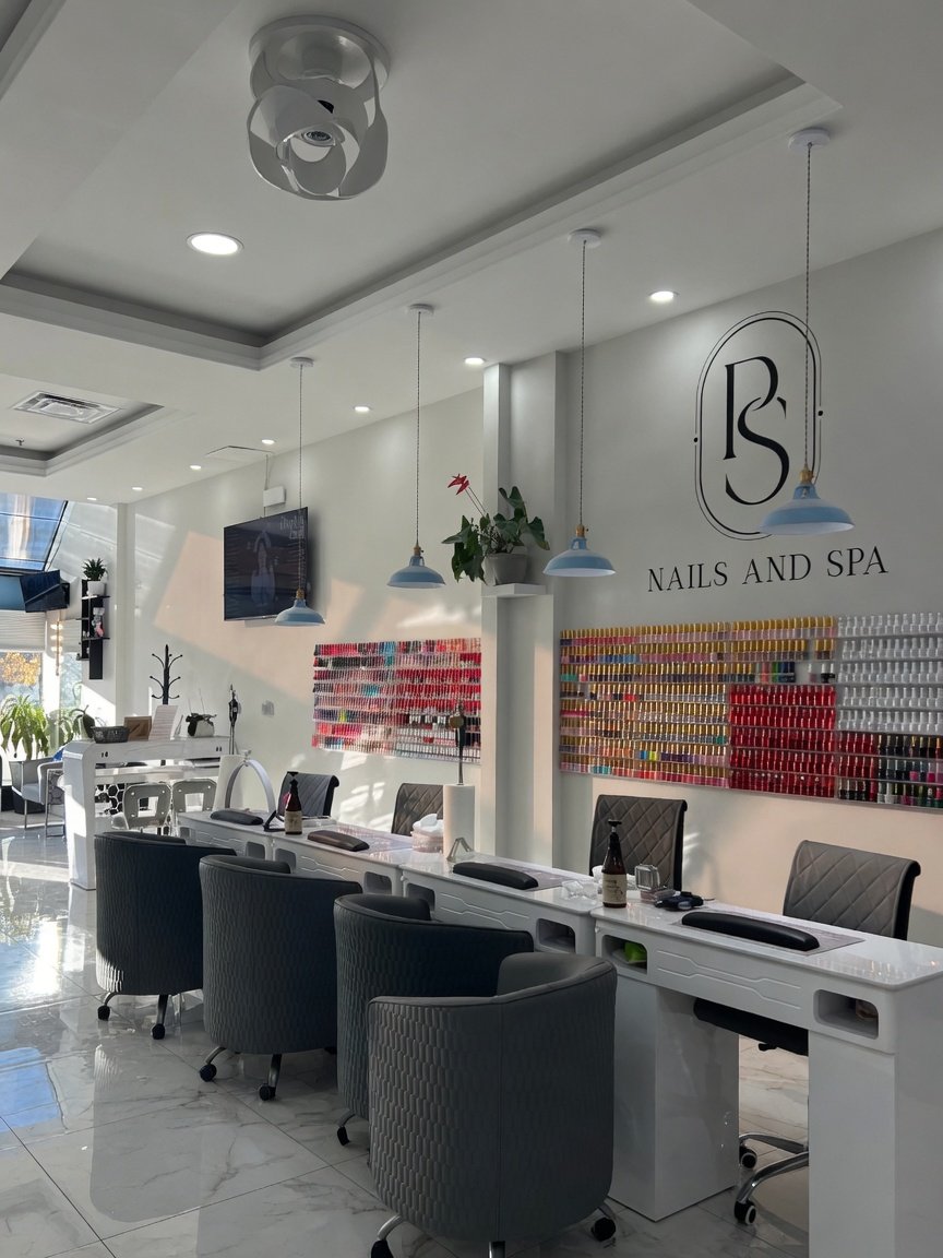 Manicure desks and polish wall at PS Nails and Spa