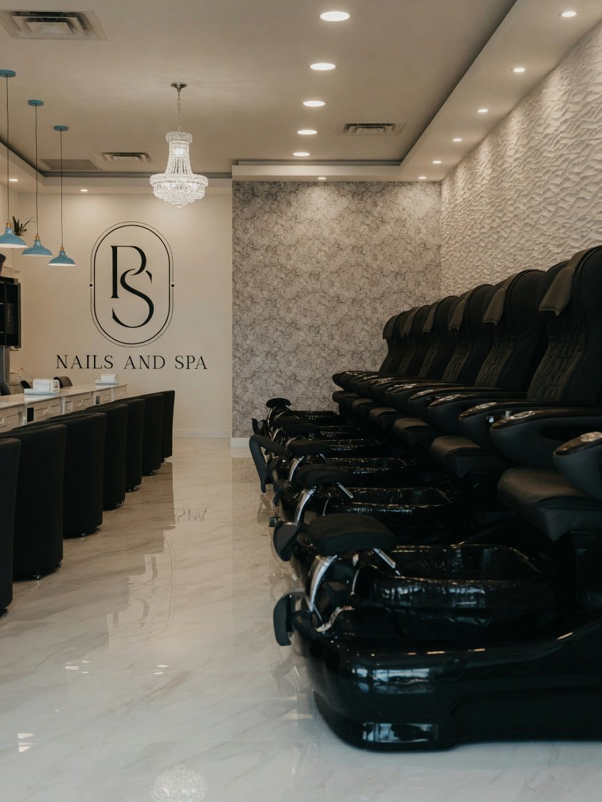 Pedicure chairs along the aisle at PS Nails and Spa