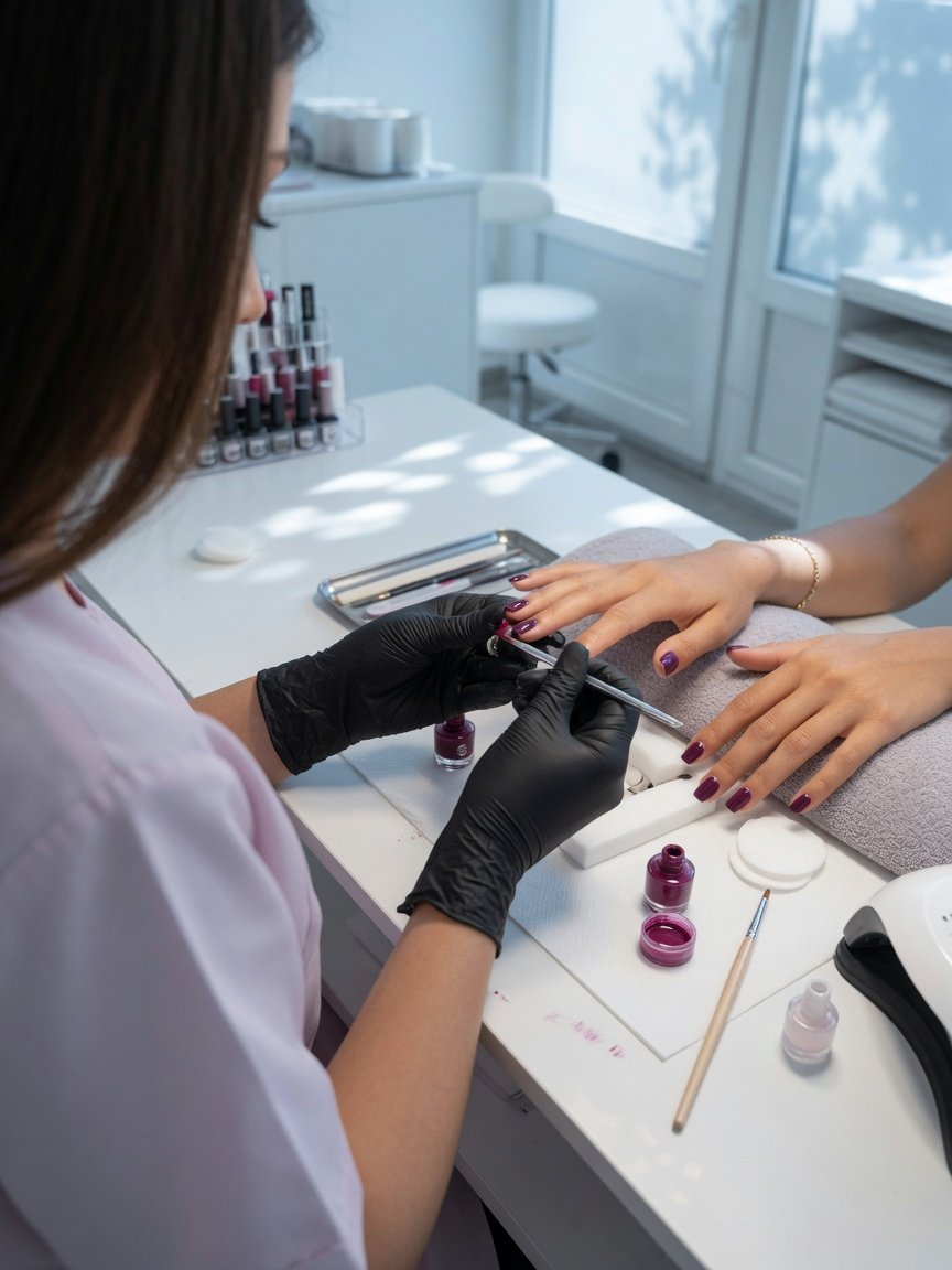 Nail technician applying precise nude manicure detail