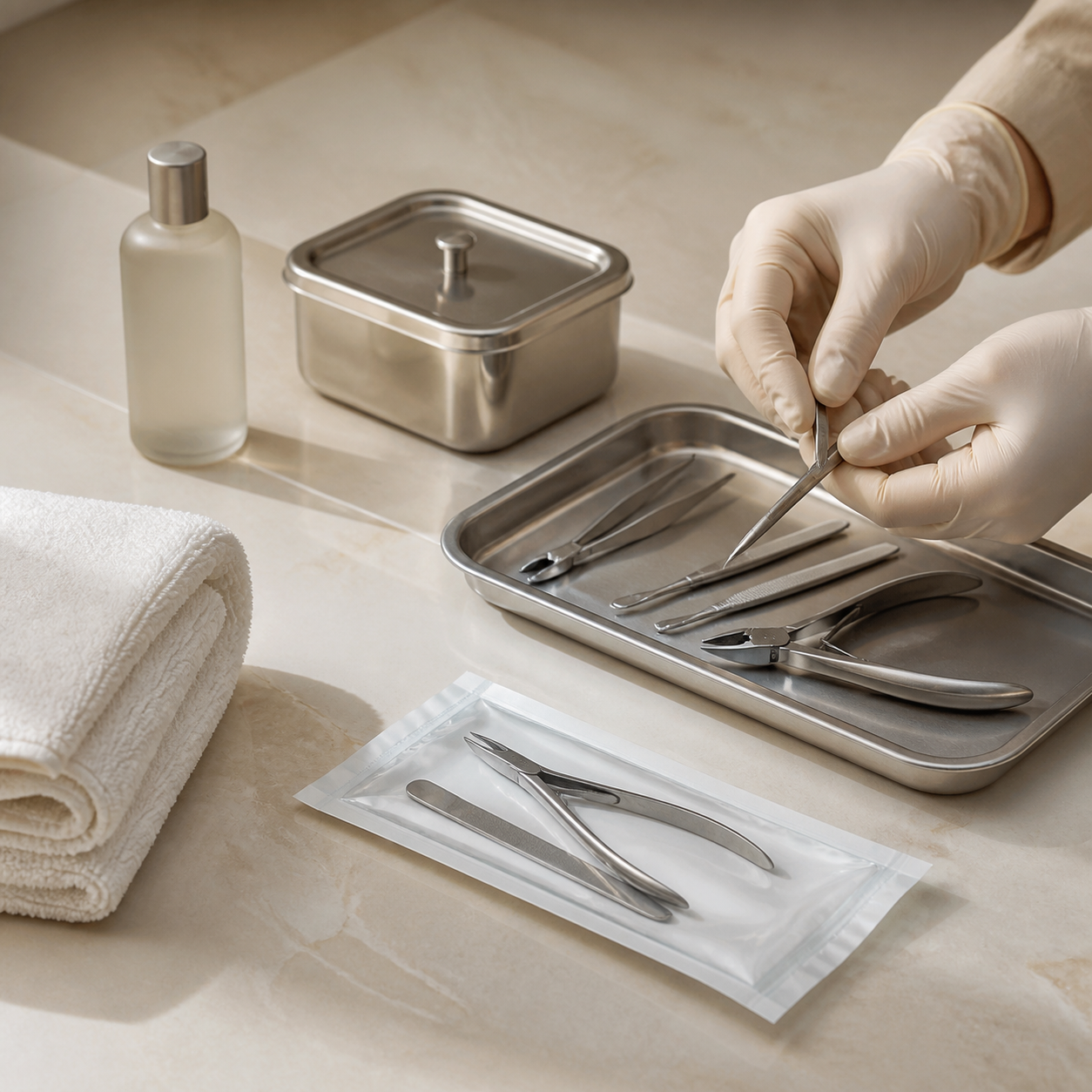 Fresh towels and carefully prepared manicure tools at PS Nails and Spa