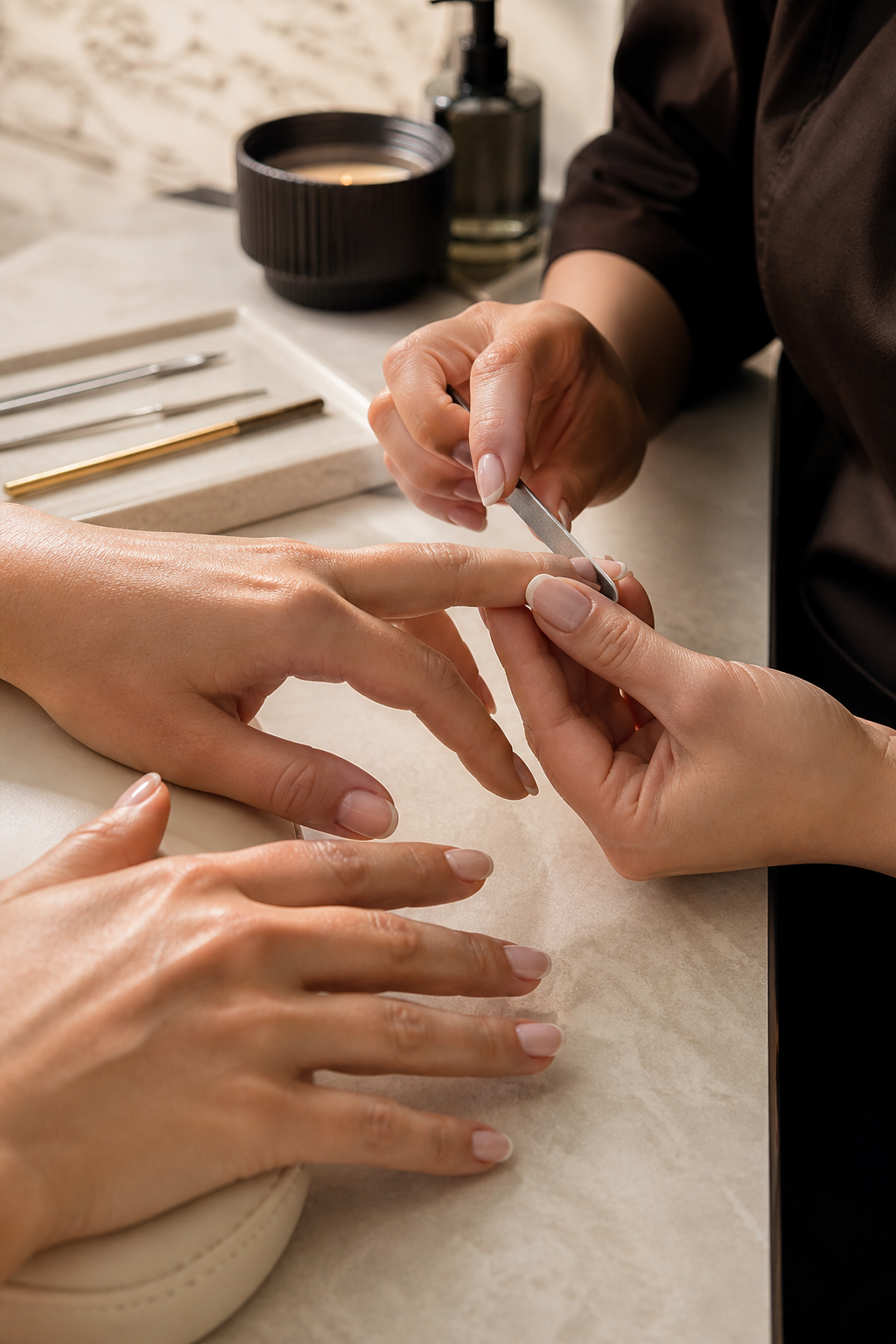 Nail technician precisely shaping a soft nude manicure at PS Nails and Spa